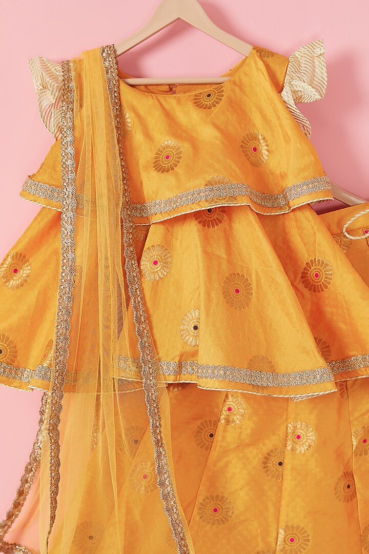 Turmeric Yellow Geometric Floral Printed Lehenga Set For Girls by Hoorkali at Pernia's Pop Up Shop