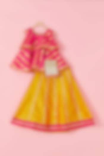 Bright Pink & Yellow Kalidar Lehenga Set For Girls by Hoorkali