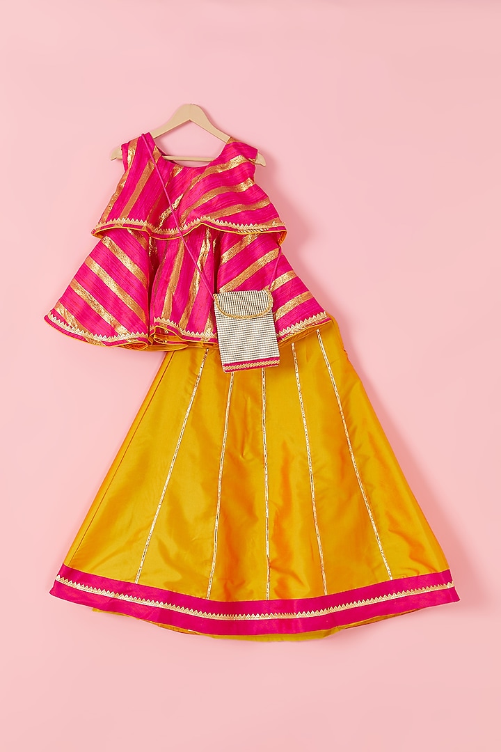 Bright Pink & Yellow Kalidar Lehenga Set For Girls by Hoorkali