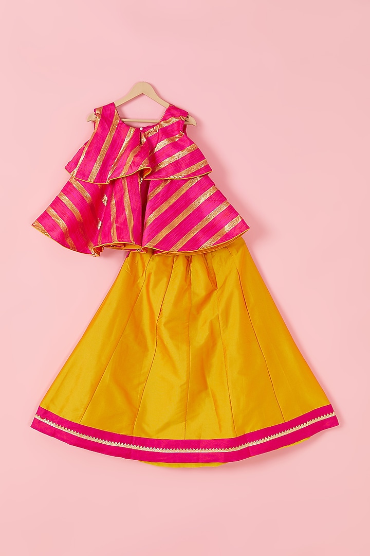 Bright Pink & Yellow Kalidar Lehenga Set For Girls by Hoorkali at Pernia's Pop Up Shop