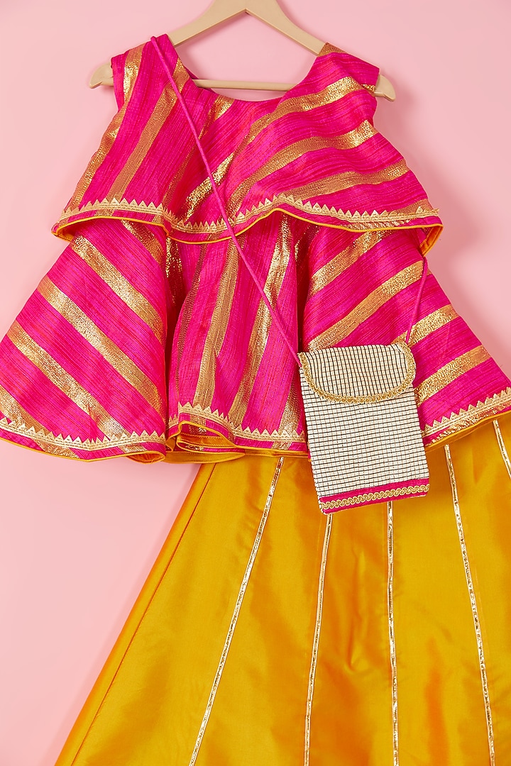Bright Pink & Yellow Kalidar Lehenga Set For Girls by Hoorkali at Pernia's Pop Up Shop