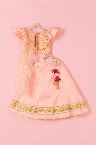 Coral Taffeta Lehenga Set For Girls by Hoorkali