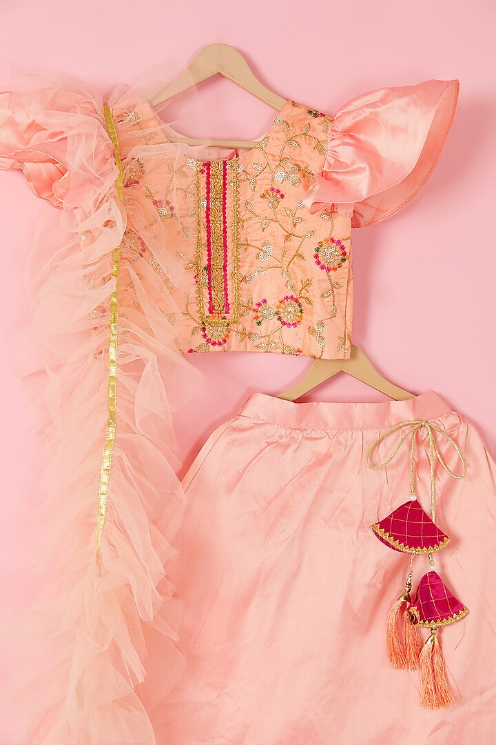 Coral Taffeta Lehenga Set For Girls by Hoorkali at Pernia's Pop Up Shop