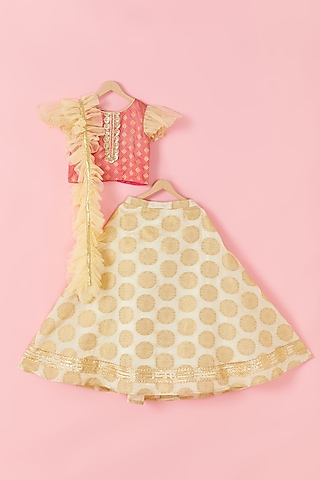 Off-White Brocade Lehenga Set For Girls by Hoorkali