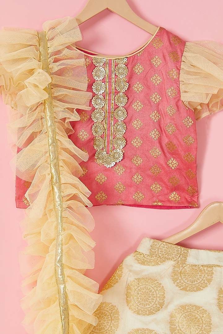 Off-White Brocade Lehenga Set For Girls by Hoorkali at Pernia's Pop Up Shop