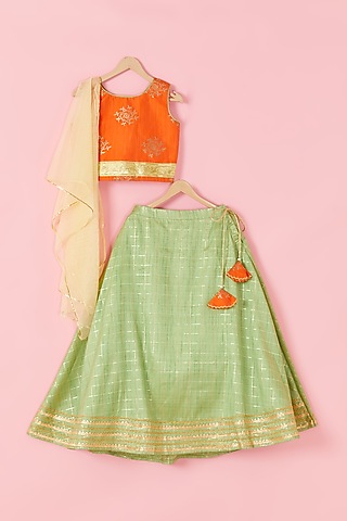 Mint Green Brocade Lehenga Set For Girls by Hoorkali