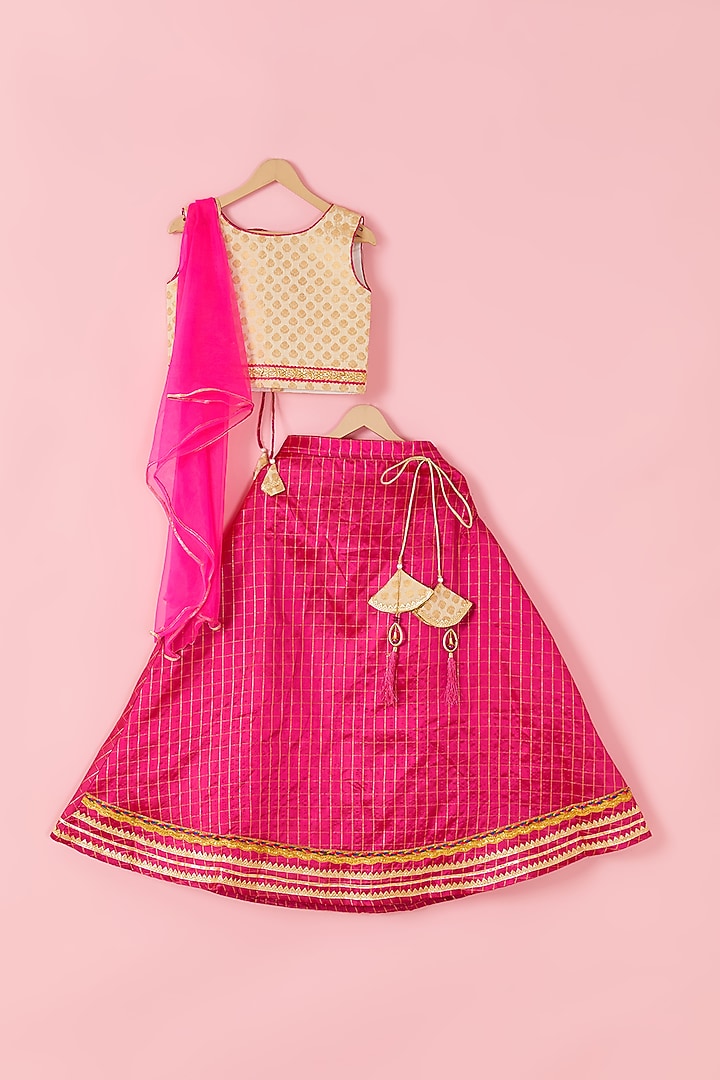Bright Pink Brocade Lehenga Set For Girls by Hoorkali at Pernia's Pop Up Shop