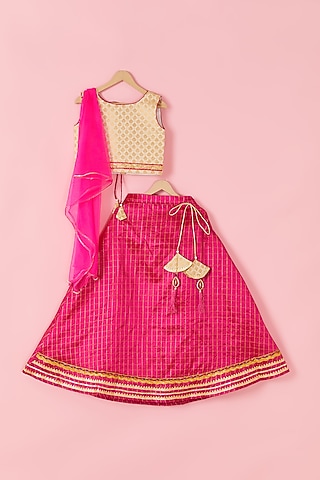 Bright Pink Brocade Lehenga Set For Girls by Hoorkali