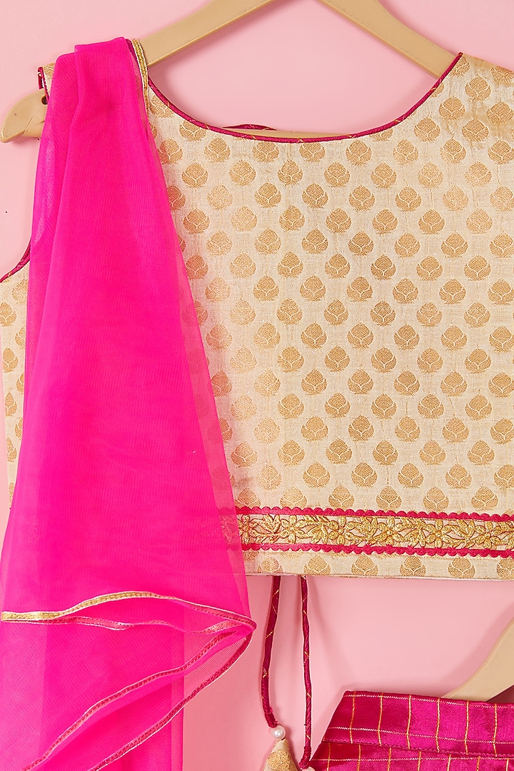Bright Pink Brocade Lehenga Set For Girls by Hoorkali at Pernia's Pop Up Shop
