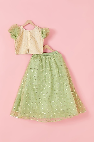 Cream & Light Green Sequins Embroidered Lehenga Set For Girls by Hoorkali