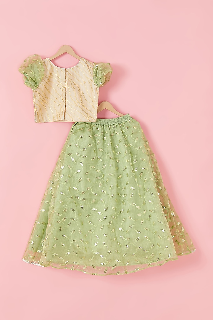 Cream & Light Green Sequins Embroidered Lehenga Set For Girls by Hoorkali at Pernia's Pop Up Shop