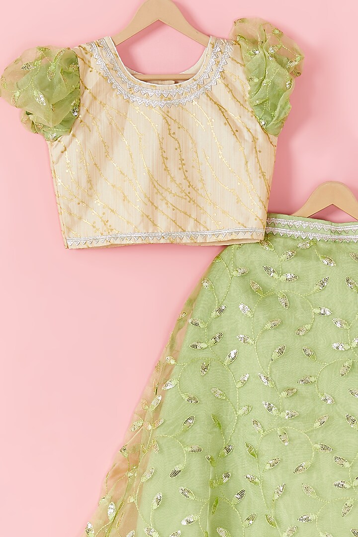 Cream & Light Green Sequins Embroidered Lehenga Set For Girls by Hoorkali at Pernia's Pop Up Shop