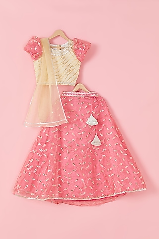 Cream & Rose Pink Sequins Embroidered Lehenga Set For Girls by Hoorkali