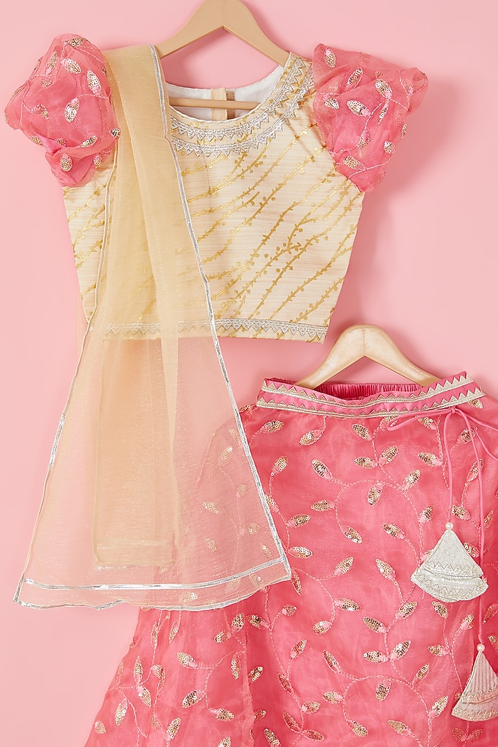Cream & Rose Pink Sequins Embroidered Lehenga Set For Girls by Hoorkali at Pernia's Pop Up Shop