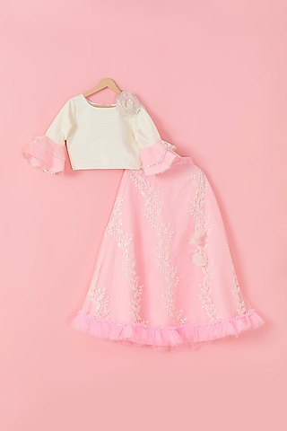 Rose Pink & White Embroidered Lehenga Set For Girls by Hoorkali