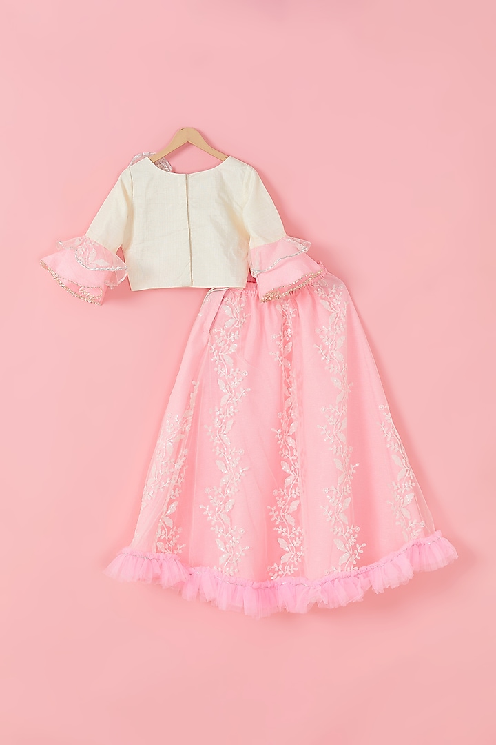 Rose Pink & White Embroidered Lehenga Set For Girls by Hoorkali at Pernia's Pop Up Shop