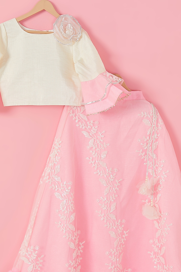 Rose Pink & White Embroidered Lehenga Set For Girls by Hoorkali at Pernia's Pop Up Shop