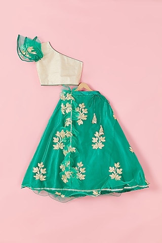 Dark Green Gota Embroidered Lehenga Set For Girls by Hoorkali