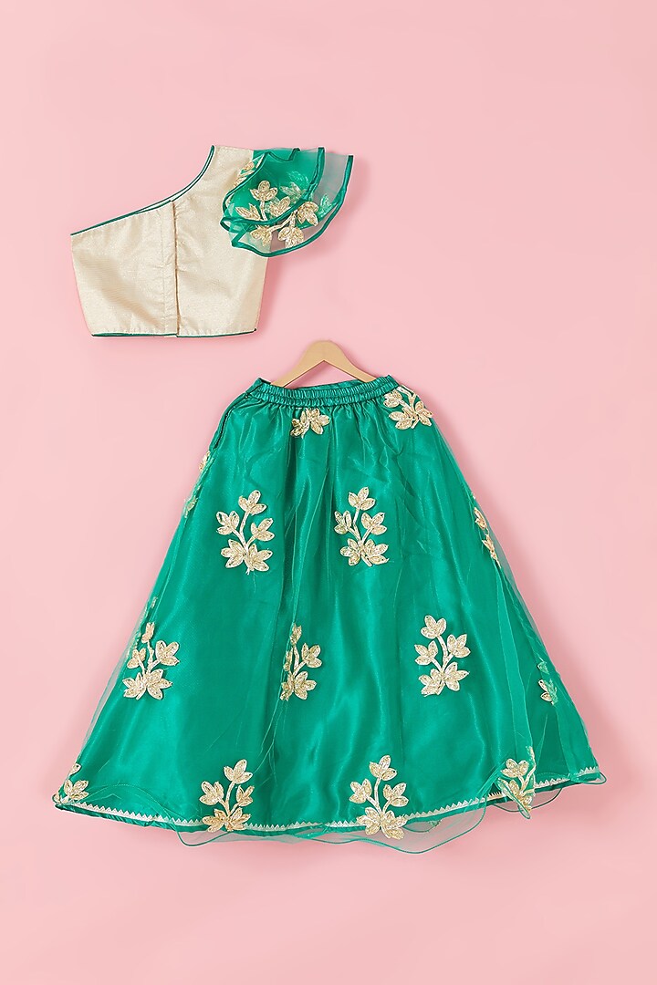 Dark Green Gota Embroidered Lehenga Set For Girls by Hoorkali at Pernia's Pop Up Shop