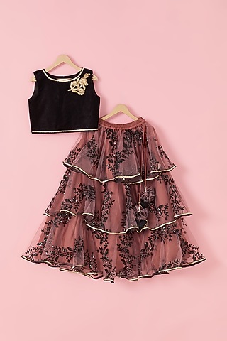 Pastel Pink & Black Embroidered Lehenga Set For Girls by Hoorkali