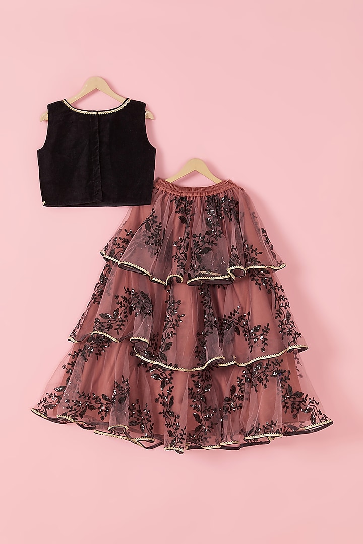 Pastel Pink & Black Embroidered Lehenga Set For Girls by Hoorkali at Pernia's Pop Up Shop