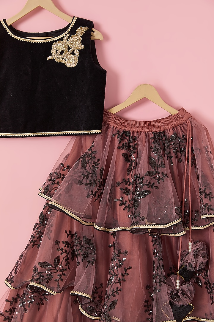 Pastel Pink & Black Embroidered Lehenga Set For Girls by Hoorkali at Pernia's Pop Up Shop