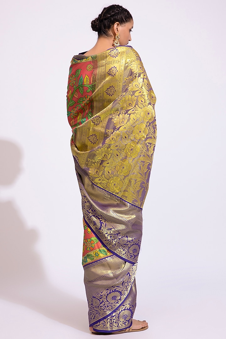 Blue & Carrot Red Kanjivaram Silk Printed Party Wear Saree by House of Dhriti at Pernia's Pop Up Shop