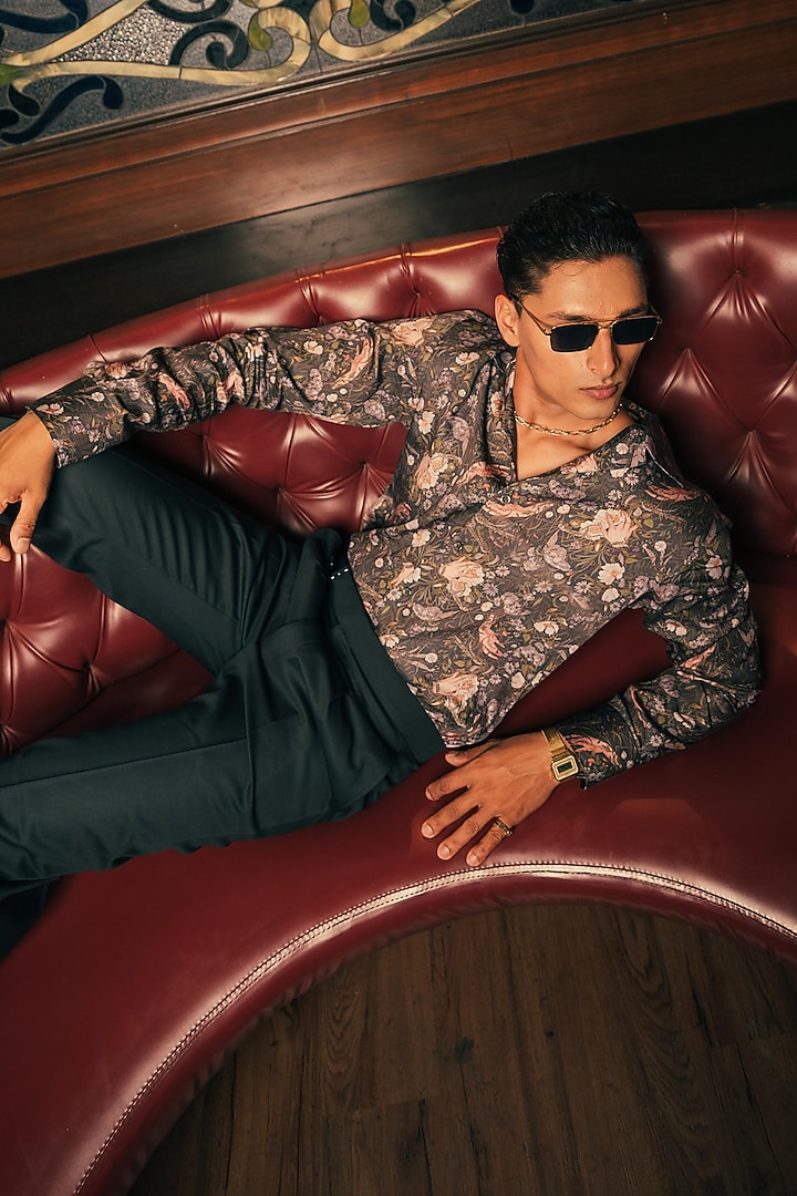 Green Modal Satin Floral Printed Party Wear Shirt by House of Sannidhi at Pernia's Pop Up Shop