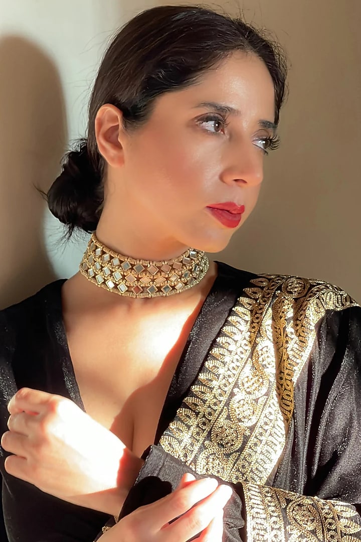 Gold Finish Finely Cut Mirror Choker Necklace by House Of Tuhina at Pernia's Pop Up Shop