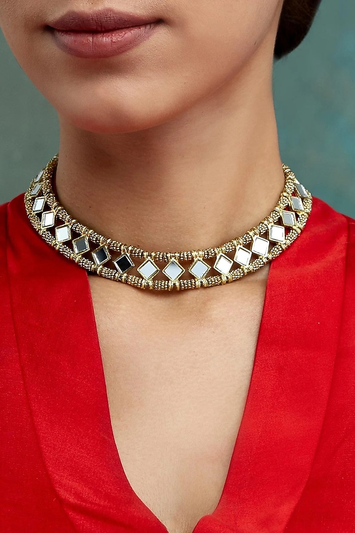 Gold Finish Finely Cut Mirror Choker Necklace by House Of Tuhina at Pernia's Pop Up Shop