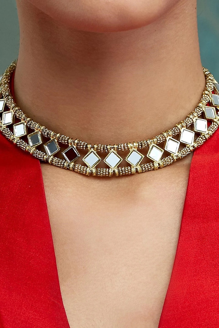 Gold Finish Finely Cut Mirror Choker Necklace by House Of Tuhina at Pernia's Pop Up Shop