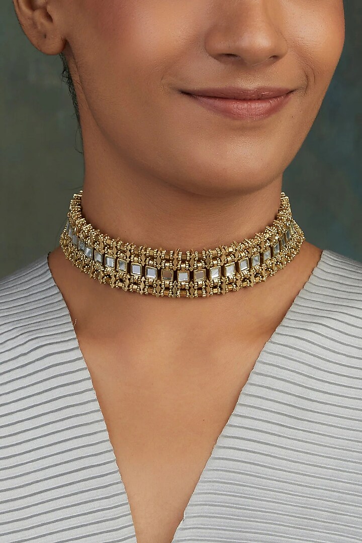 Gold Finish Choker Necklace With Finely-Cut Mirrors by House Of Tuhina at Pernia's Pop Up Shop