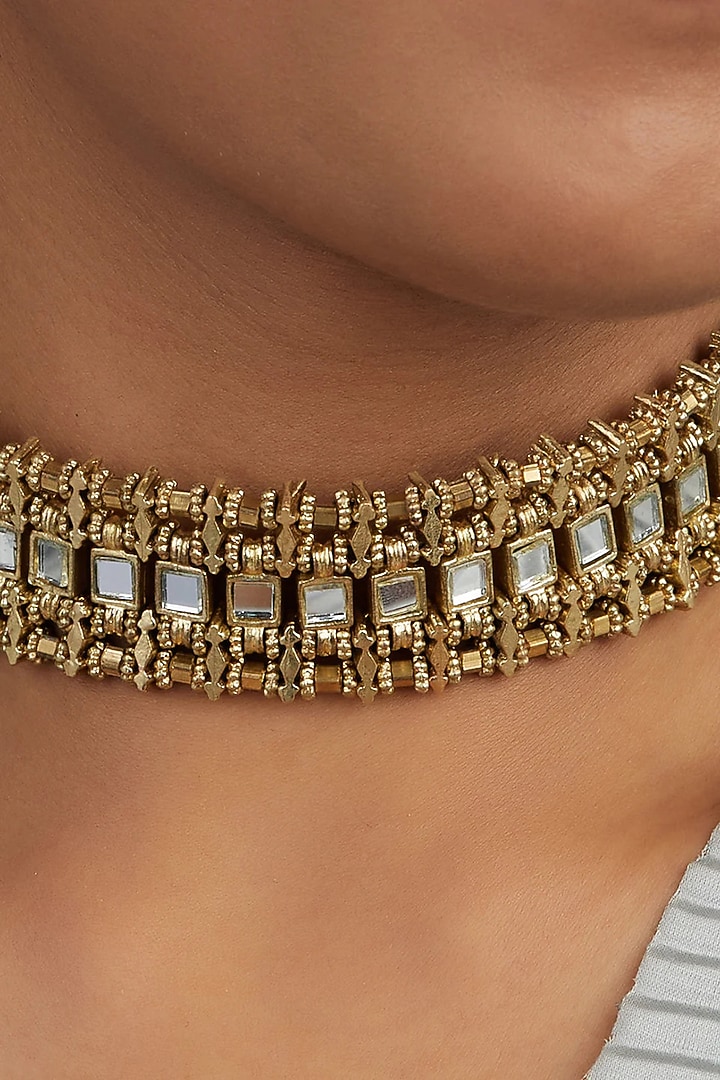 Gold Finish Choker Necklace With Finely-Cut Mirrors by House Of Tuhina at Pernia's Pop Up Shop