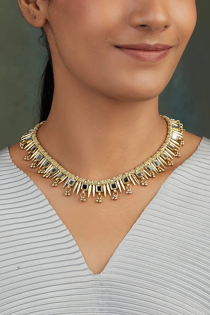 Gold Finish Mirror Spike Necklace by House Of Tuhina at Pernia's Pop Up Shop