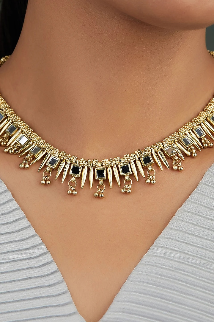 Gold Finish Mirror Spike Necklace by House Of Tuhina at Pernia's Pop Up Shop