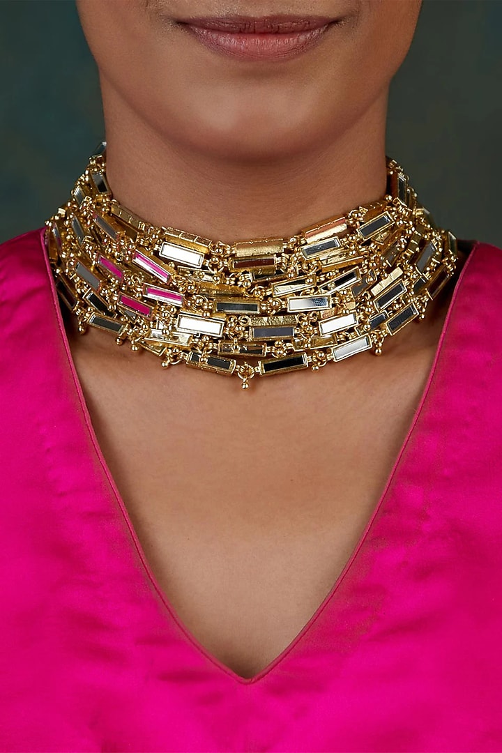 Gold Finish Mirror Link Necklace by House Of Tuhina at Pernia's Pop Up Shop