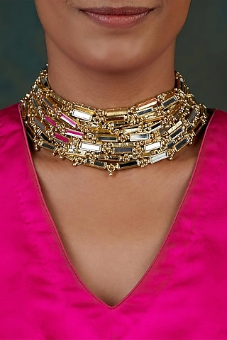 Gold Finish Mirror Link Necklace by House Of Tuhina