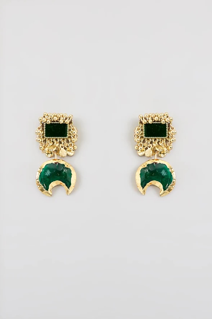 Gold Finish Mirror & Green Stone Stud Earrings by House Of Tuhina at Pernia's Pop Up Shop