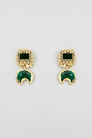Gold Finish Mirror & Green Stone Stud Earrings by House Of Tuhina