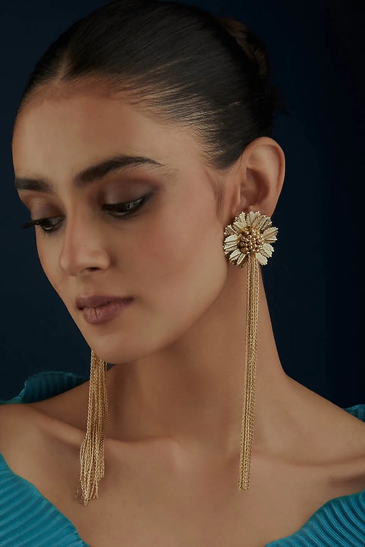Gold Finish Floral Earrings by House of Tuhina at Pernia's Pop Up Shop
