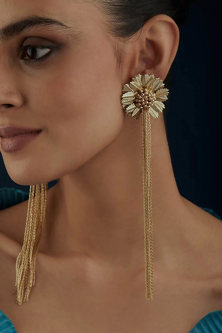 Gold Finish Floral Earrings by House of Tuhina at Pernia's Pop Up Shop