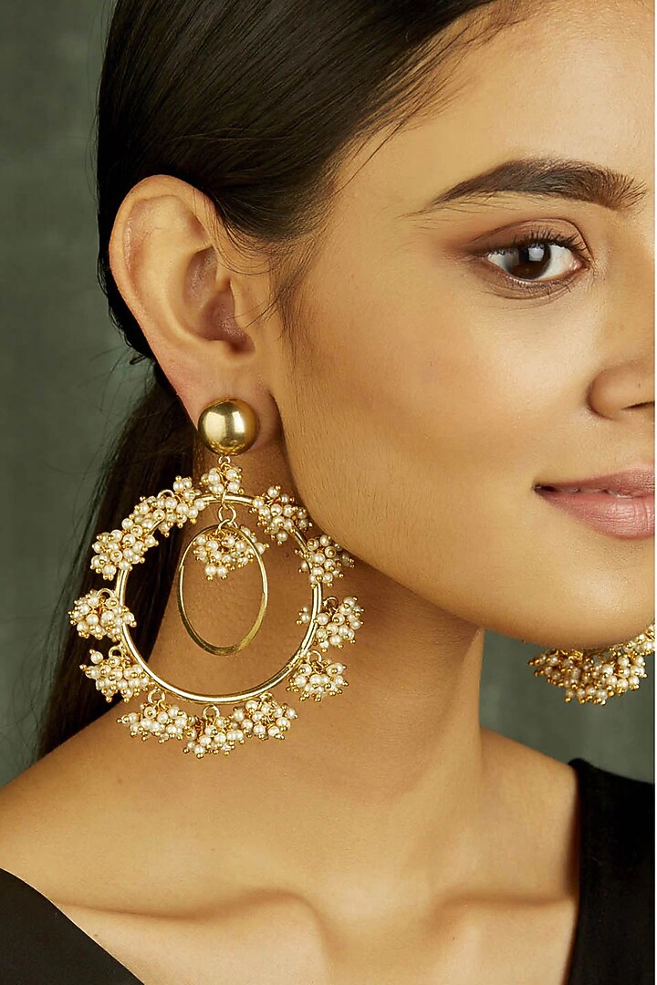 Gold Finish Pearl Earrings by House of Tuhina at Pernia's Pop Up Shop