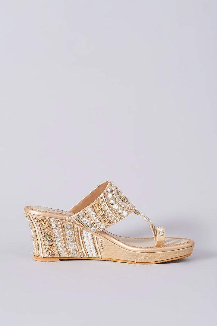Ivory & Gold Dupion Silk Embellished Wedges by House of Vian at Pernia's Pop Up Shop