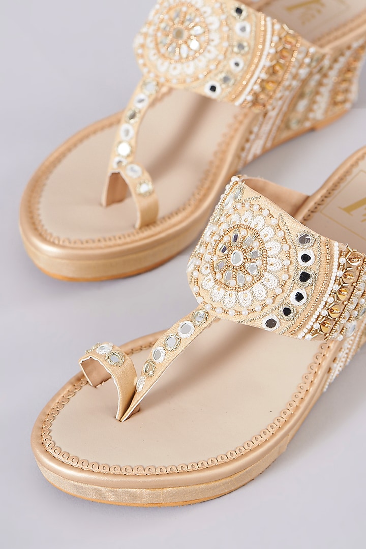 Ivory & Gold Dupion Silk Embellished Wedges by House of Vian at Pernia's Pop Up Shop