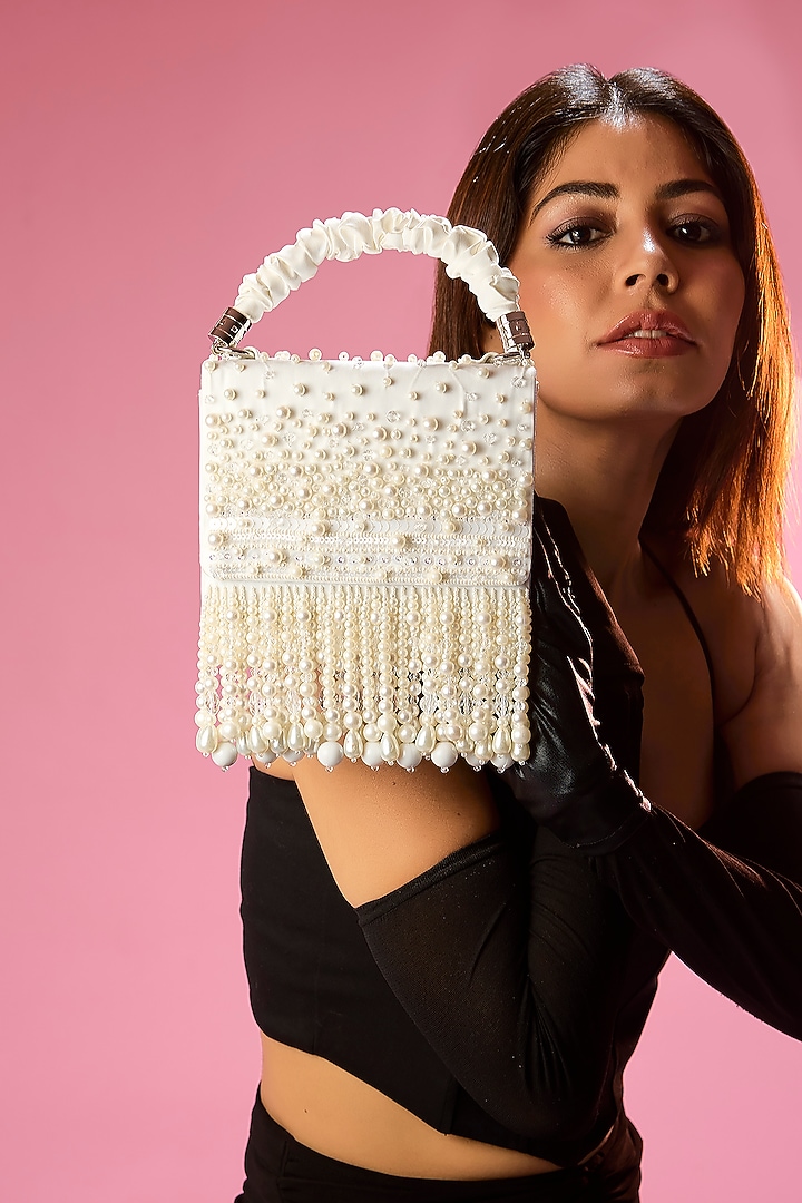 White Satin Embellished Clutch by House of Vian at Pernia's Pop Up Shop