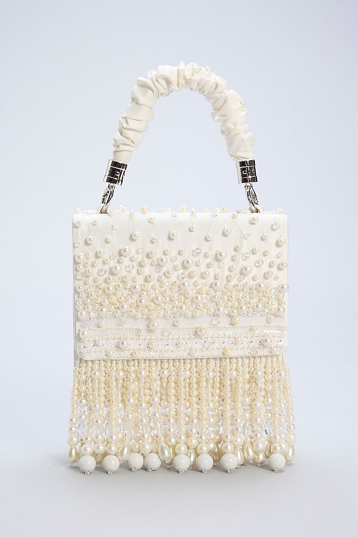 White Satin Embellished Clutch by House of Vian at Pernia's Pop Up Shop