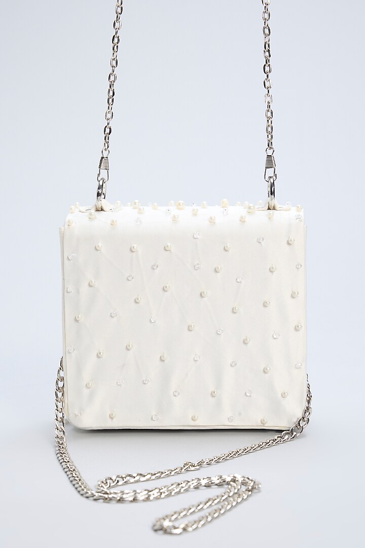 White Satin Embellished Clutch by House of Vian at Pernia's Pop Up Shop