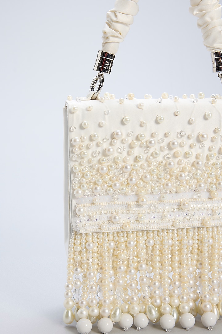 White Satin Embellished Clutch by House of Vian at Pernia's Pop Up Shop