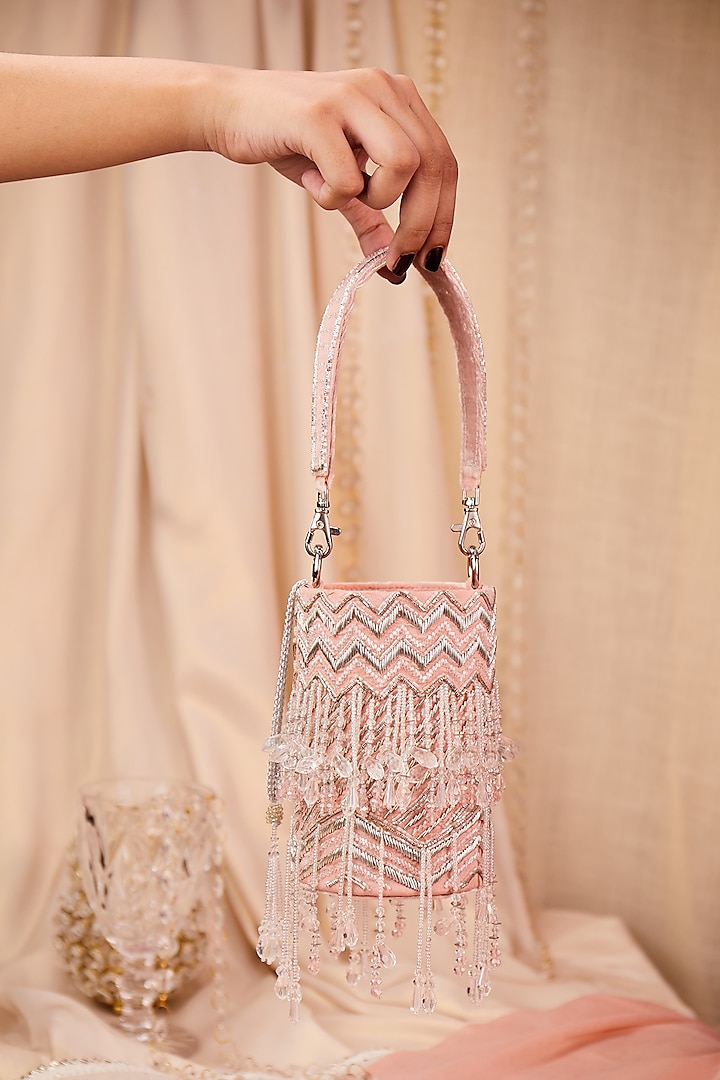 Pink Satin Crystal Hand Embroidered Potli Bag by House of Vian at Pernia's Pop Up Shop