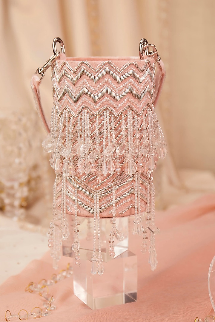 Pink Satin Crystal Hand Embroidered Potli Bag by House of Vian at Pernia's Pop Up Shop